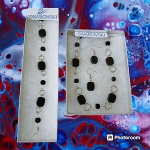 Swarovski Black Onyx Stone Sliver Jewelry Set Neckless Bracelet Earrings